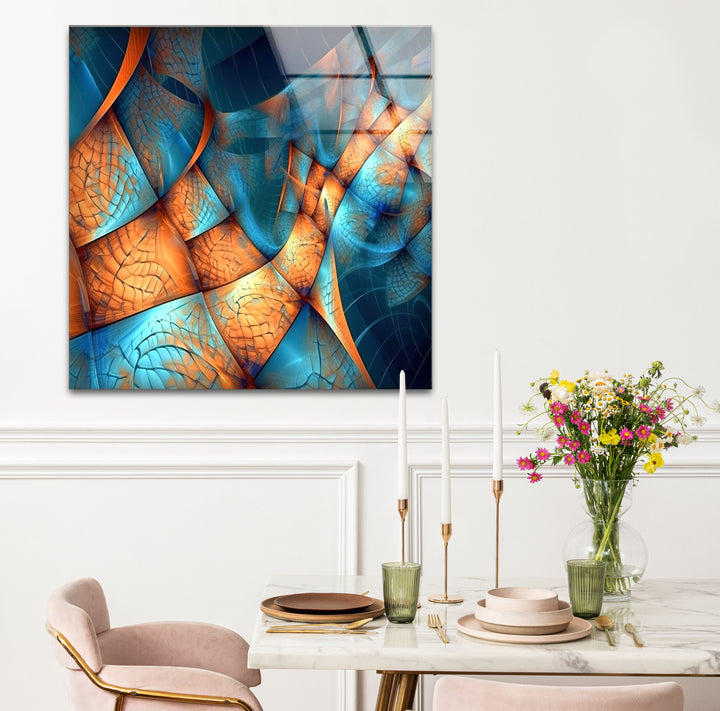Fraktale Wellen-Glaswandkunst – Blaues und oranges abstraktes Flussdesign für moderne Räume 
