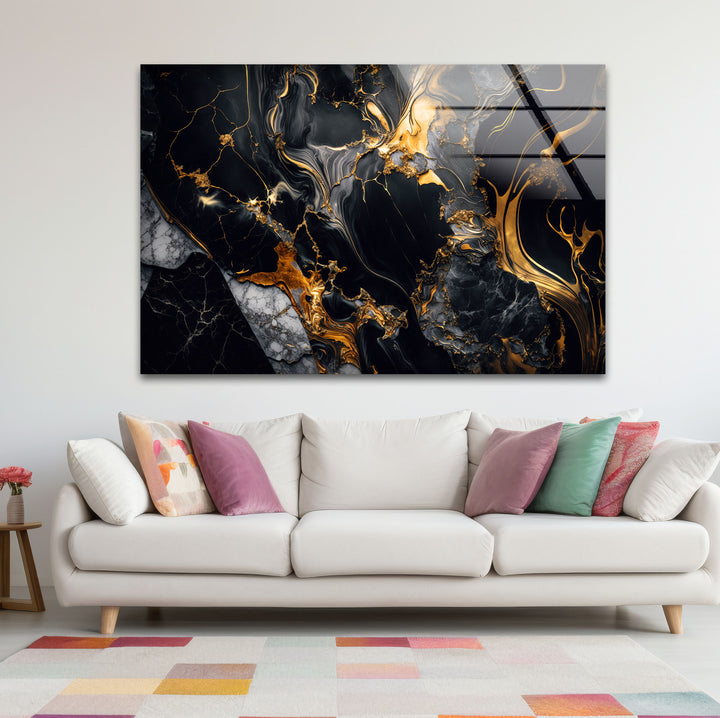 Black Marble Gold Flow Wall Art – Luxury Abstract Glass Print for Modern Interiors