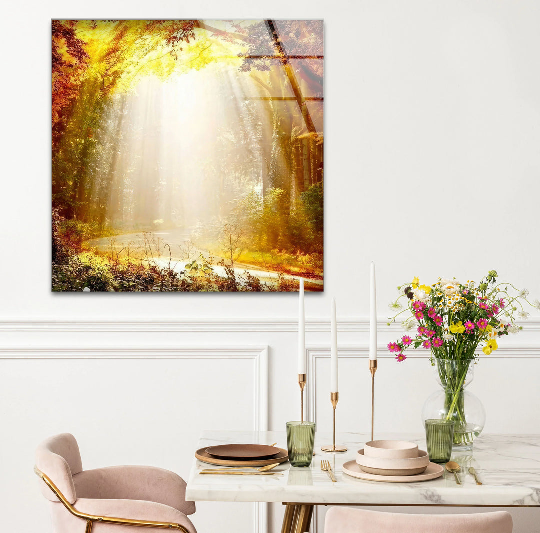 Golden Forest Sunbeam Wall Art – Radiant Nature Glass Print for Warm Home Decor - MyPhotoStation