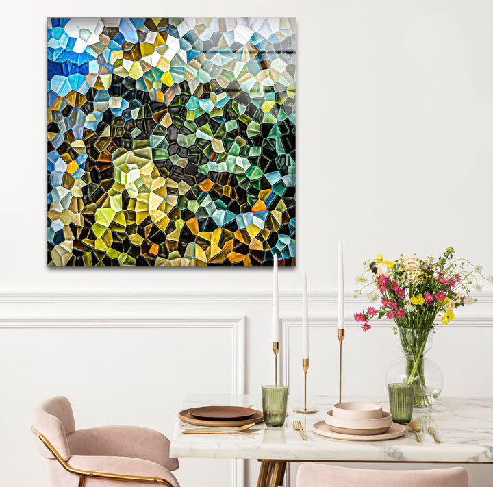 Abstract Mosaic Landscape Glass Wall Art – Colorful Geometric Nature Design