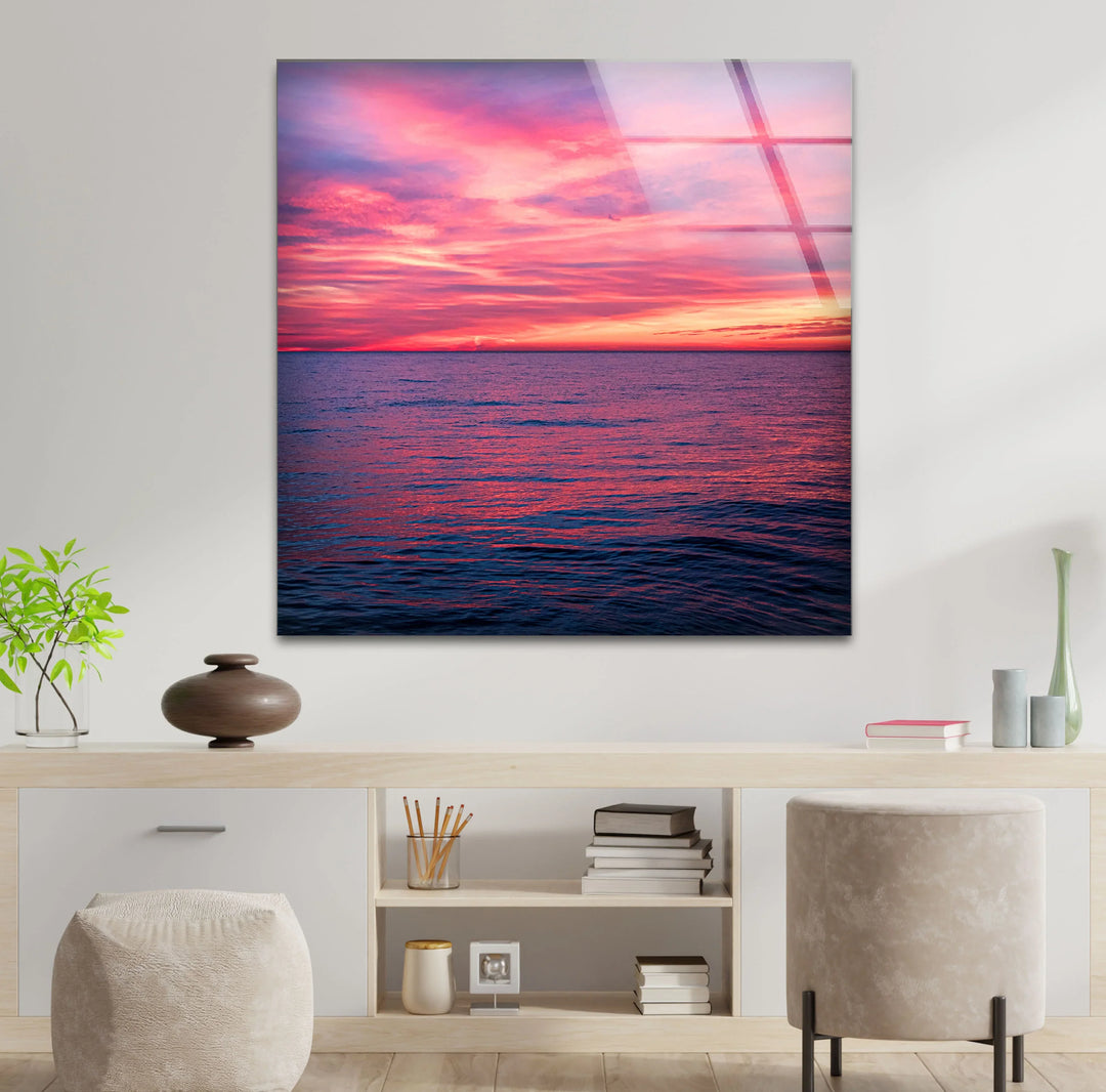 Pink Ocean Sunset Horizon – Serene Seascape Wall Art on Tempered Glass - MyPhotoStation