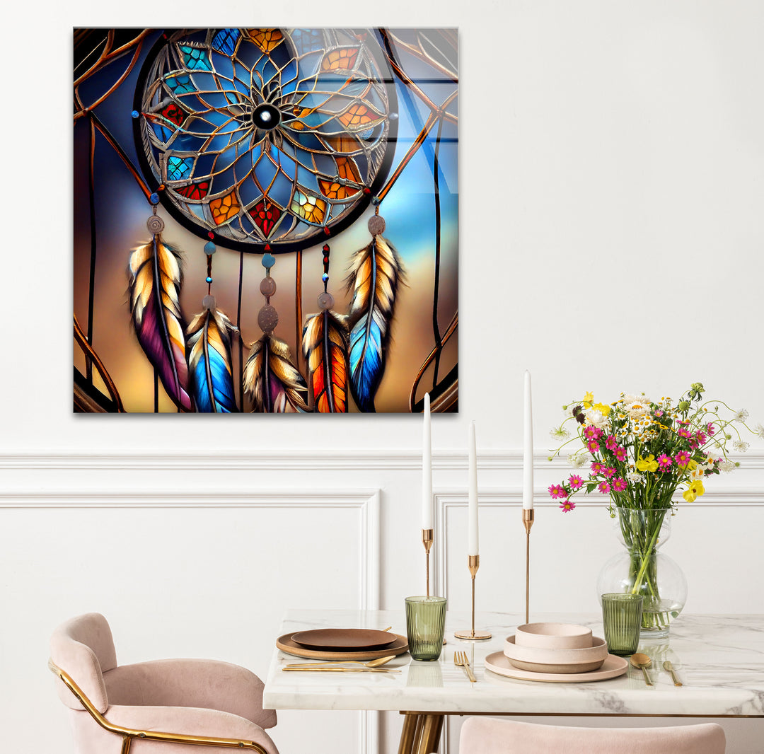 Dreamcatcher Stained Glass Wall Art – Boho Spirit Window Design, Tribal Home Decor