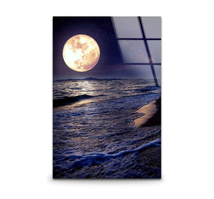 Moonlit Ocean Wall Art – Full Moon Over Waves Glass Print, Night Seascape Decor for Bedroom & Living Room - MyPhotoStation