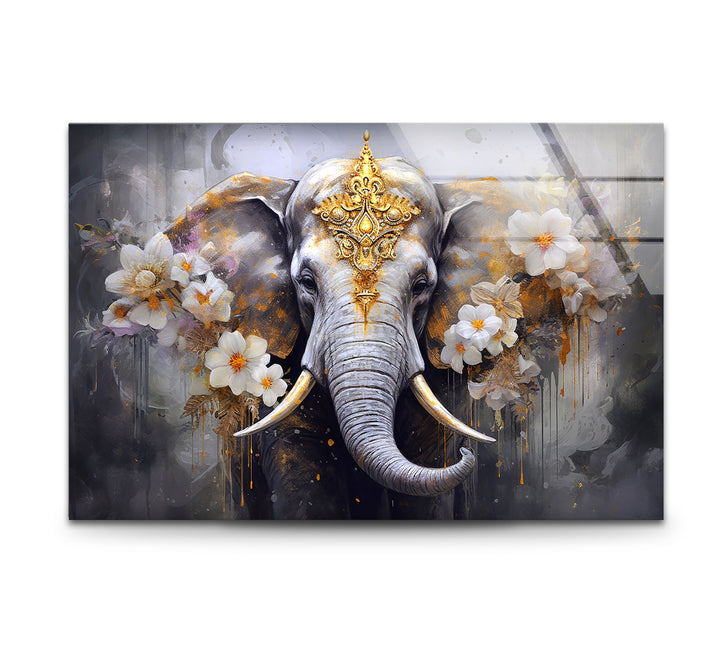Regal Elephant Wall Art – Golden Floral Decor on Tempered Glass Panel