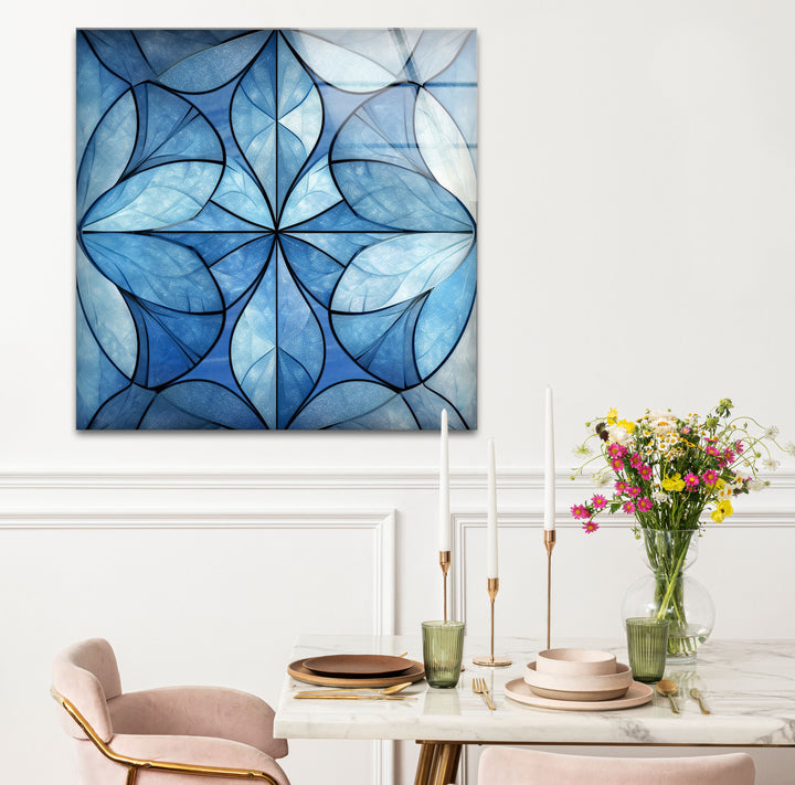 Blue Floral Geometric Wall Art – Modern Glass Panel with Elegant Petal Design