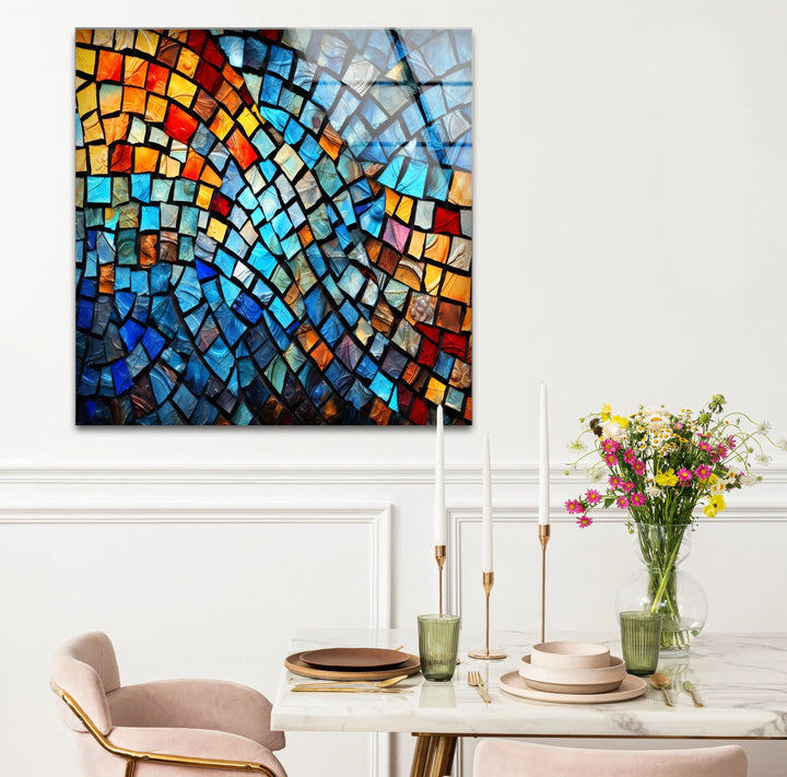 Vibrant Mosaic Wave Glass Wall Art – Colorful Abstract Squares Decor - MyPhotoStation