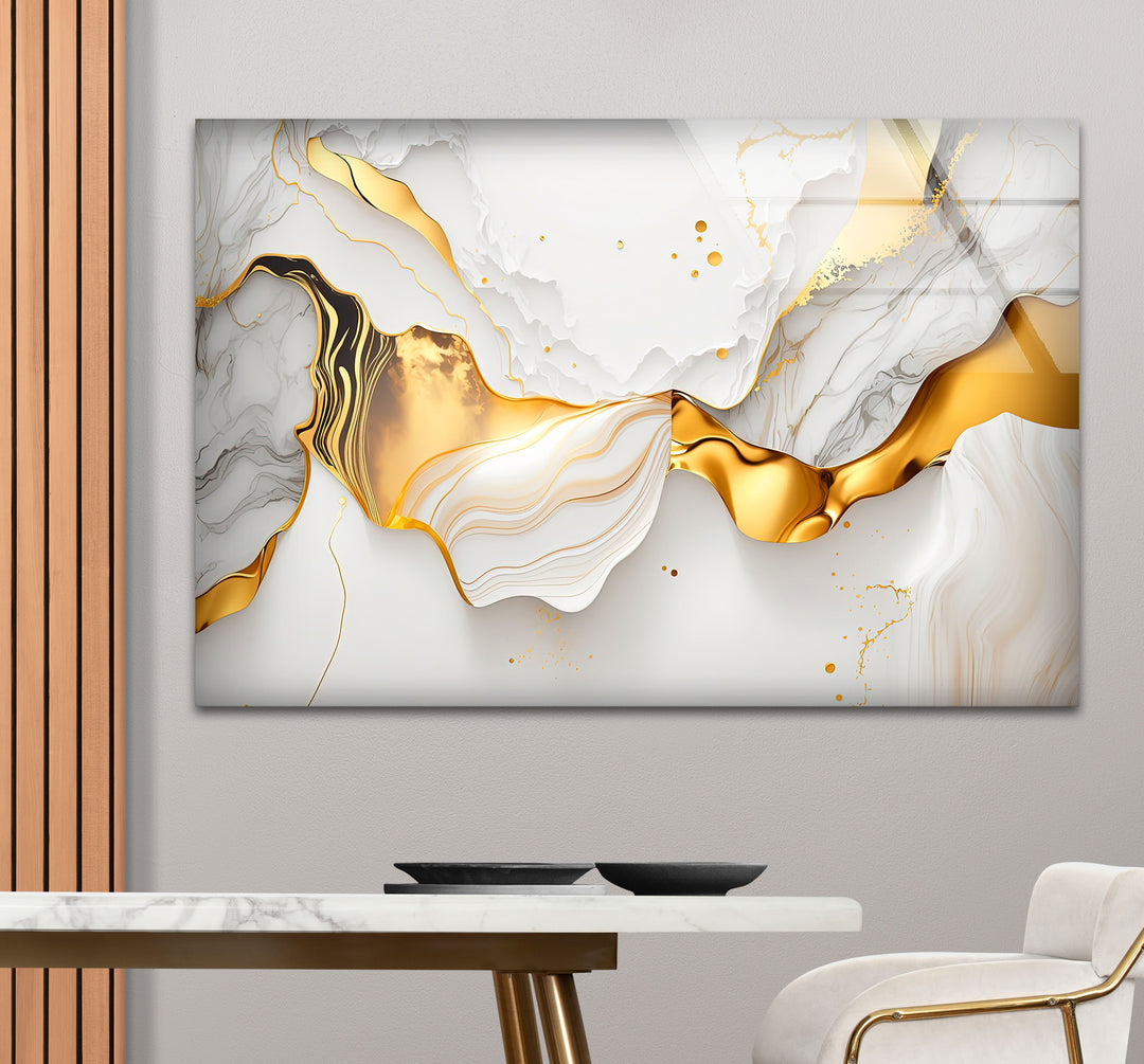 Marble Gold Wave Wall Art – Luxury Abstract Glass Print for Modern Interiors