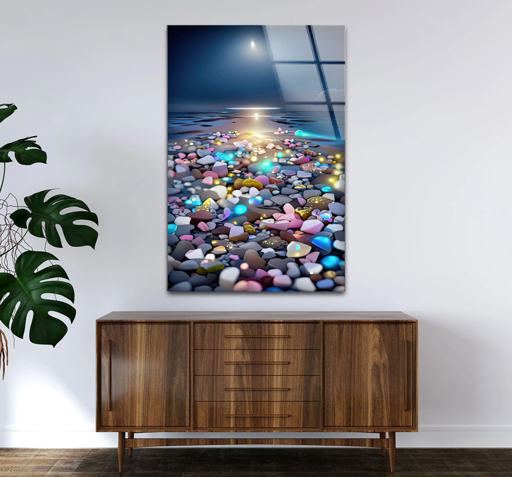 Colorful Pebble Beach at Sunset – Dreamy Ocean Glass Wall Art for Modern Decor - MyPhotoStation