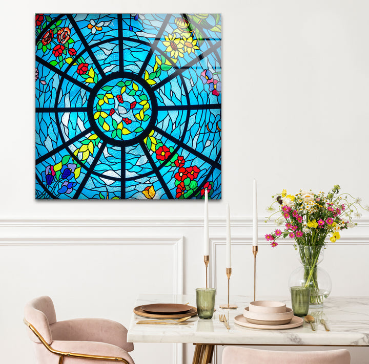 Blue Stained Glass Wall Art – Vibrant Floral & Ocean Window Design for Home & Office