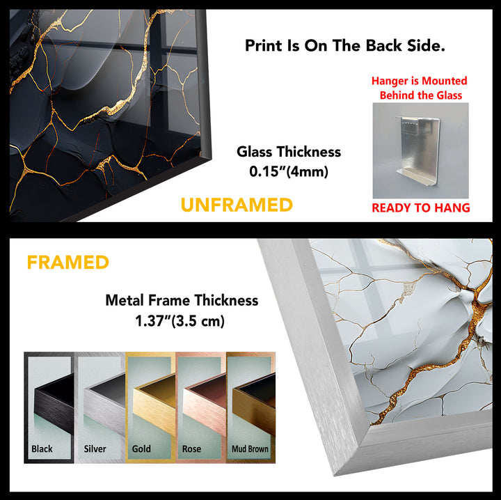 Elegant Cracked Marble Wall Art – Black White Gold Abstract Glass Print