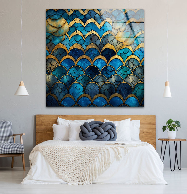 Blau-goldene Wellenmosaik-Glaskunst – Vom Meer inspirierte, rissige Textur 