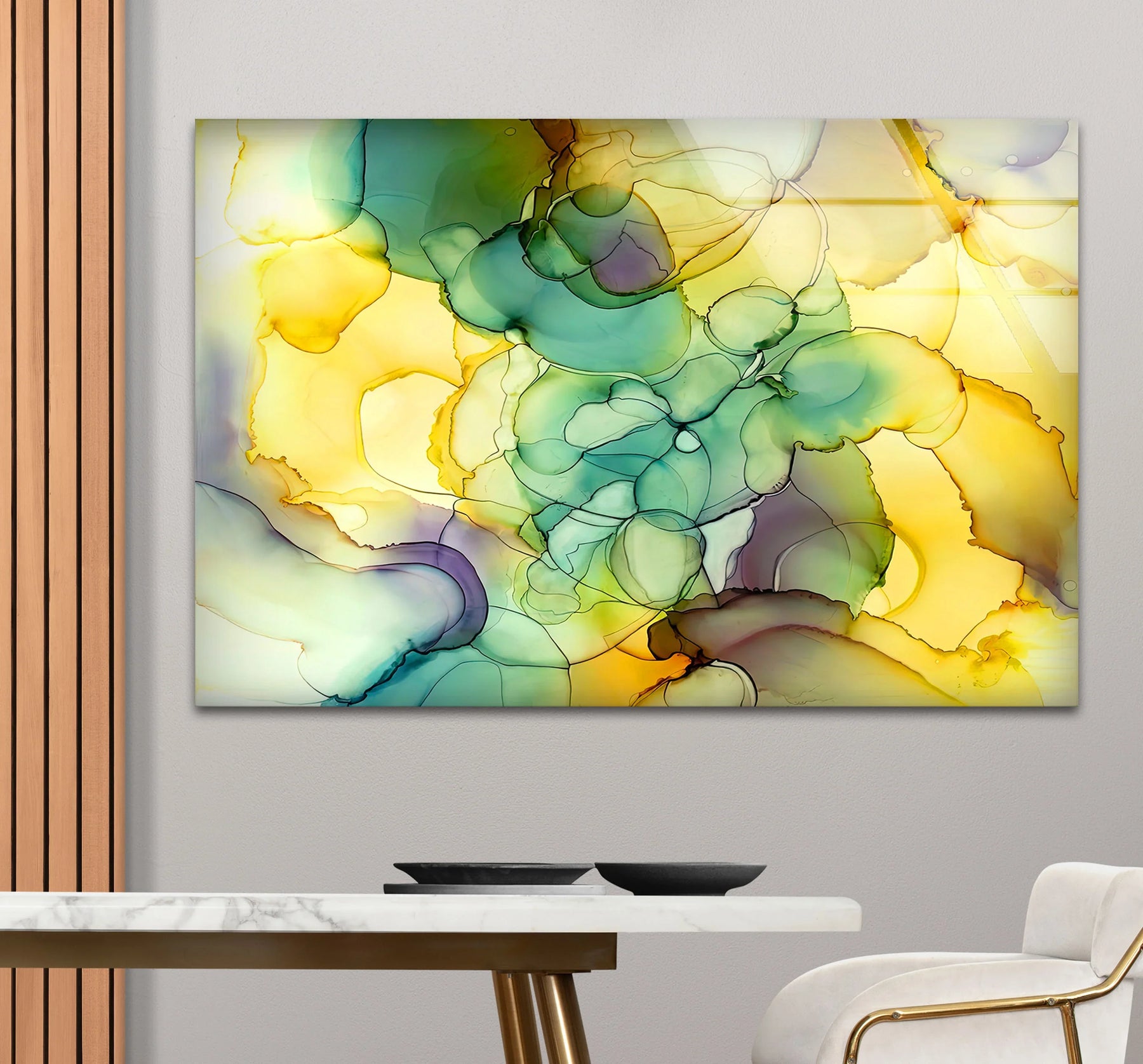 Yellow Green Abstract Wall Art – Modern Glass Print Design – MyPhotoStation