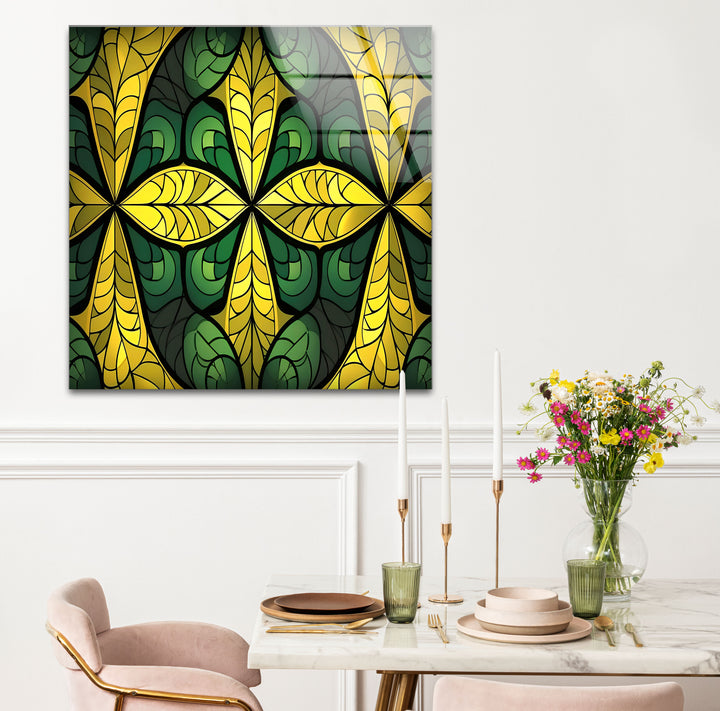 Green & Gold Stained Glass Wall Art – Botanical Geometric Glass Design