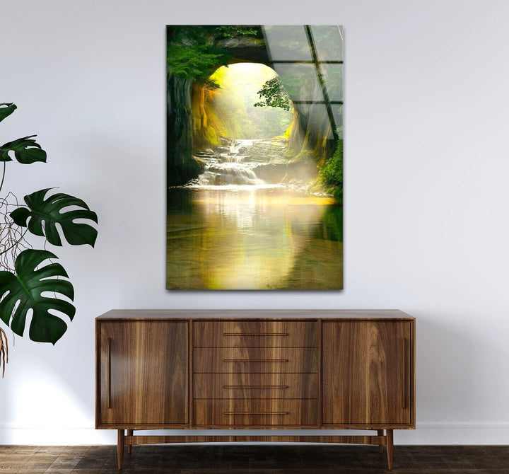 Sunlit Forest Cave Waterfall Glass Wall Art – Serene Nature Landscape Print - MyPhotoStation