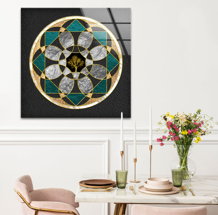 Wandkunst mit heiliger Geometrie, Baum des Lebens – Moderne Glasplatte mit goldenem Mandala-Design