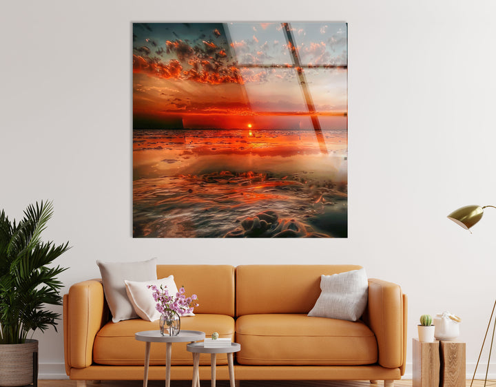 Feurige Sonnenuntergangsküste Wandkunst – Lebendiger Ozean-Glasdruck 