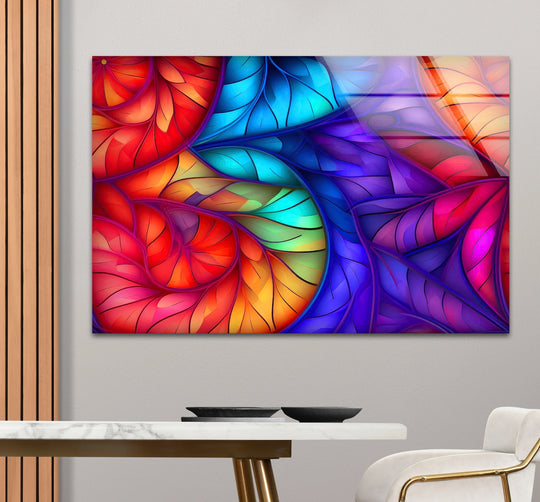 Rainbow leaf glass art painting featuring soft, blended colors and flowing, petal-like shapes creating a gentle visual flow.