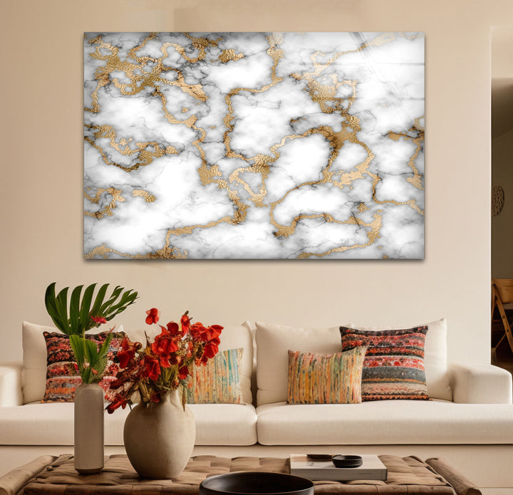 White Marble and Gold Wall Art – Elegant Abstract Glass Print with Luxe Metallic Veining for Glamorous and Modern Interiors