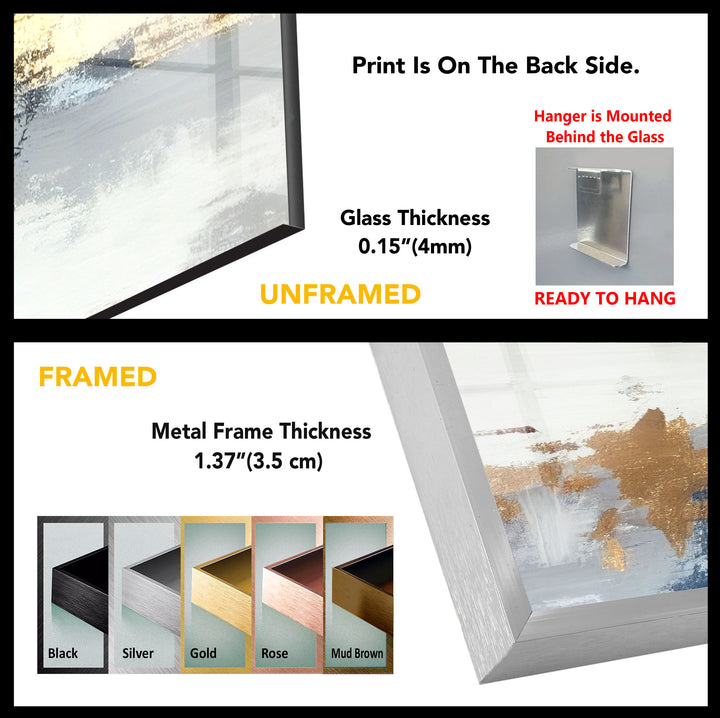 Navy Gold Brushstroke Wall Art – Modern Abstract Glass Print Décor