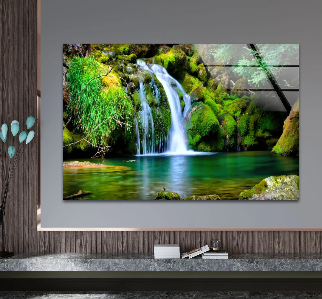 Forest Waterfall Wall Art – Serene Glass Landscape Print with Lush Green Moss and Crystal Clear Stream for Nature-Inspired Interiors - MyPhotoStation