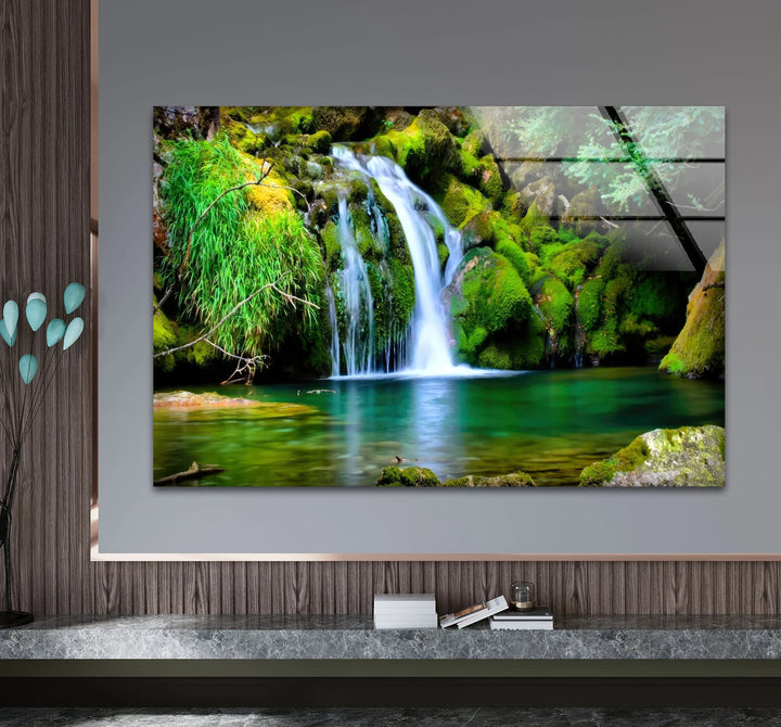 Forest Waterfall Wall Art – Serene Glass Landscape Print with Lush Green Moss and Crystal Clear Stream for Nature-Inspired Interiors - MyPhotoStation