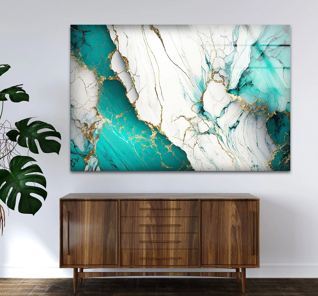 Teal and White Marble Wall Art – Luxury Abstract Glass Print with Gold Veins for Modern Interiors - MyPhotoStation