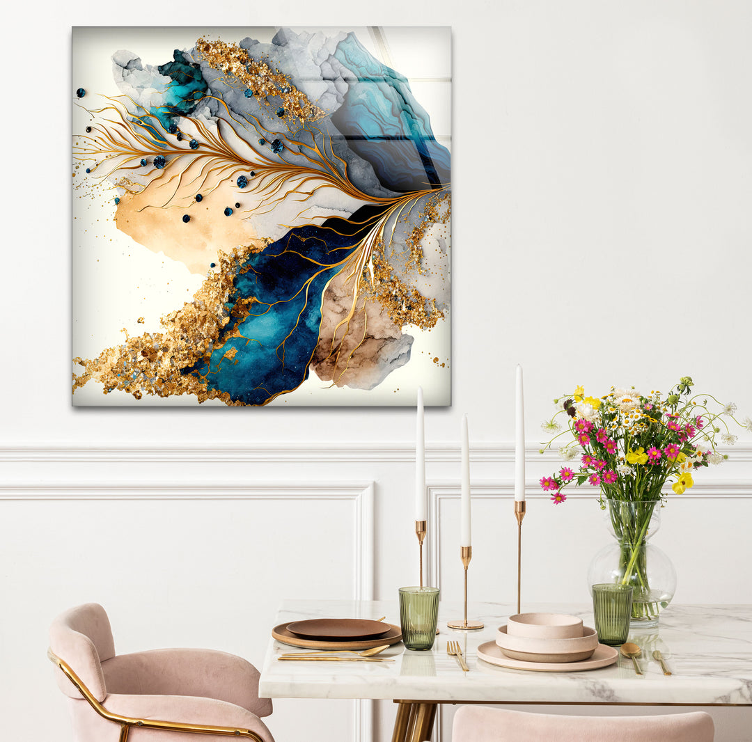 Abstrakte Glaswandkunst in Gold und Blau – Luxuriöses, modernes, fließendes Design