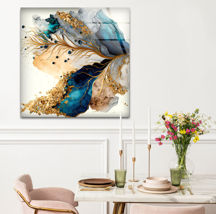 Abstrakte Glaswandkunst in Gold und Blau – Luxuriöses, modernes, fließendes Design