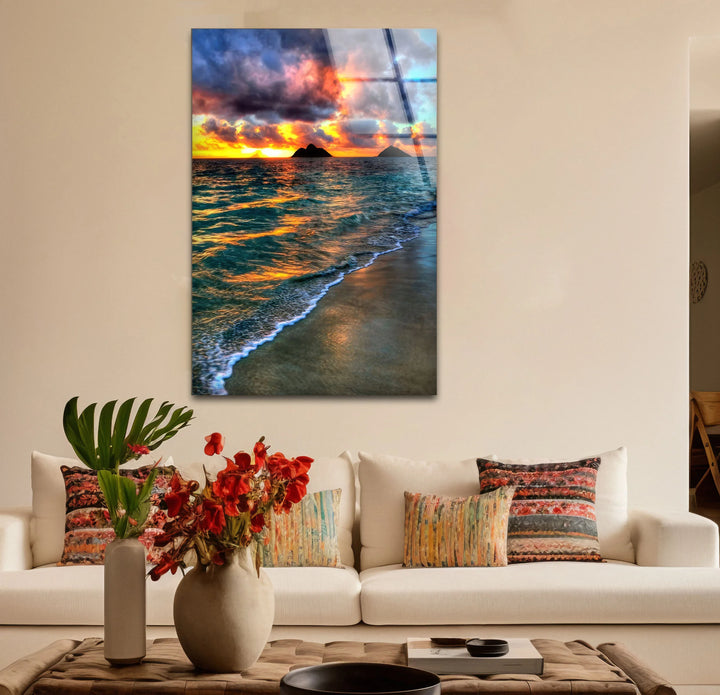 Tropical Sunset Beach Scene – Ocean Wave Glass Wall Art with Island Silhouette - MyPhotoStation