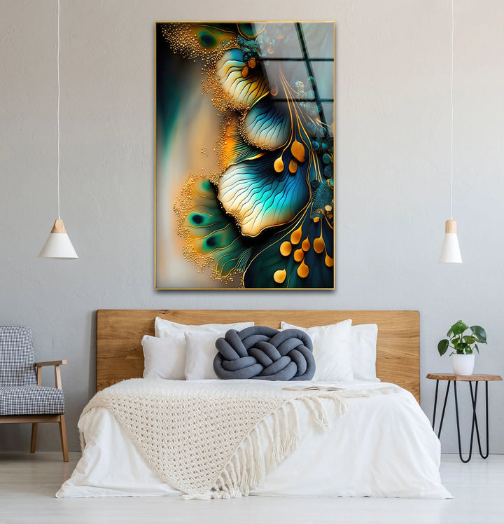 Teal Gold Abstract Floral Glass Wall Art – Elegant Botanical Flow Design - MyPhotoStation