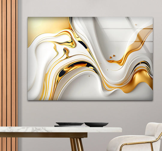 Fluid white and gold abstract waves swirl across this stunning best glass art piece.