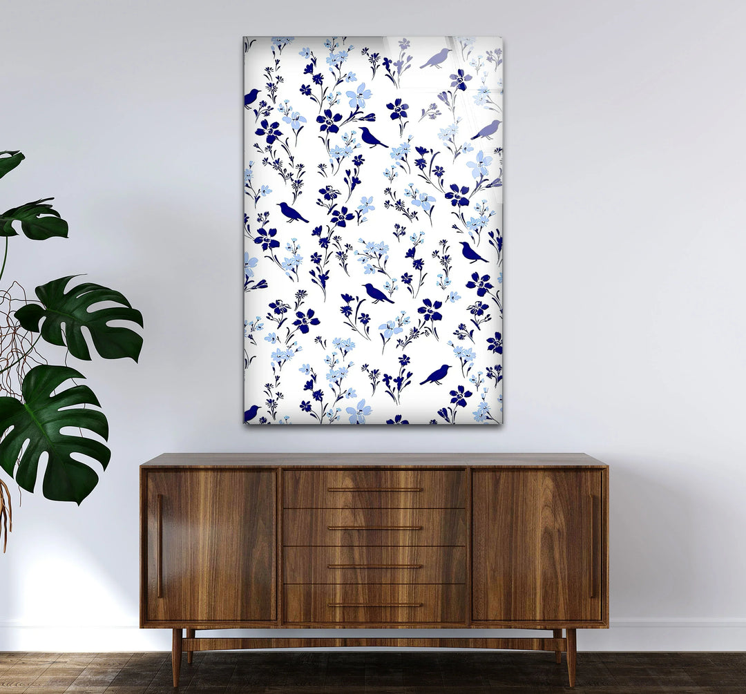 Blue Bird and Wildflower Pattern Wall Art – Elegant Floral Glass Print for Nature Lovers - MyPhotoStation