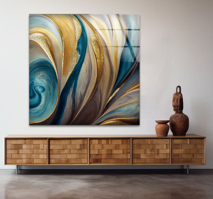 Teal Gold Swirl Wall Art – Elegant Abstract Glass Print for Modern Interiors