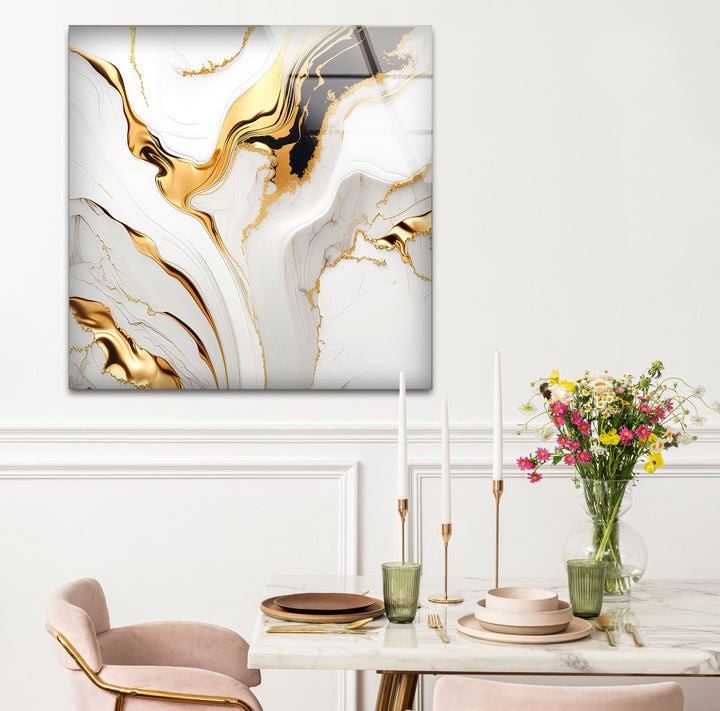 White Gold Marble Abstract Wall Art – Modern Luxury Glass Print for Elegant Interiors