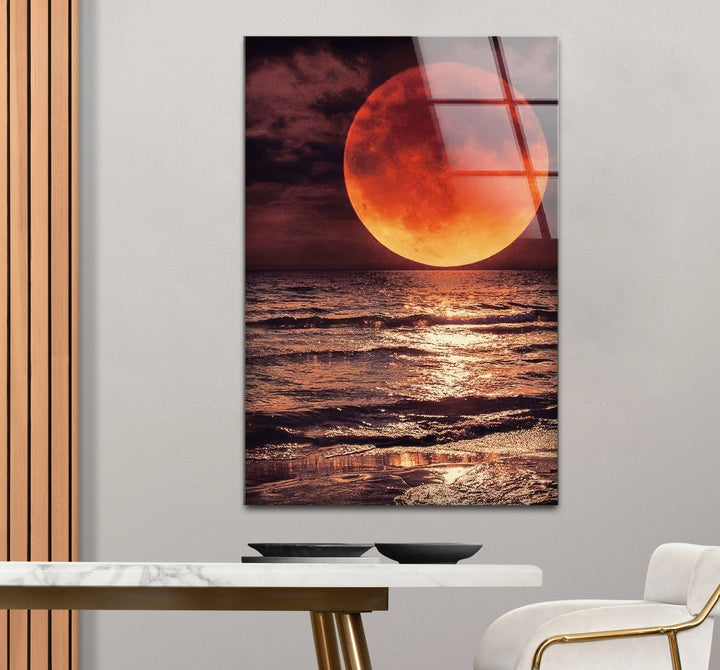 Red Moon Over Ocean Glass Wall Art – Dramatic Lunar Seascape Print for Bold Modern Decor - MyPhotoStation