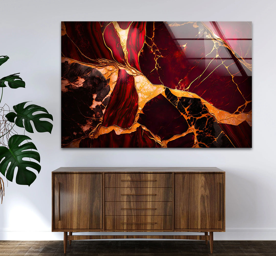 Red and Gold Marble Wall Art – Luxurious Crimson Glass Print with Cracked Vein Pattern for Bold Modern Interiors - MyPhotoStation