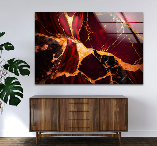 Crimson flow glass art painting features a luxurious, cracked surface texture of deep reds and opulent golden veins.