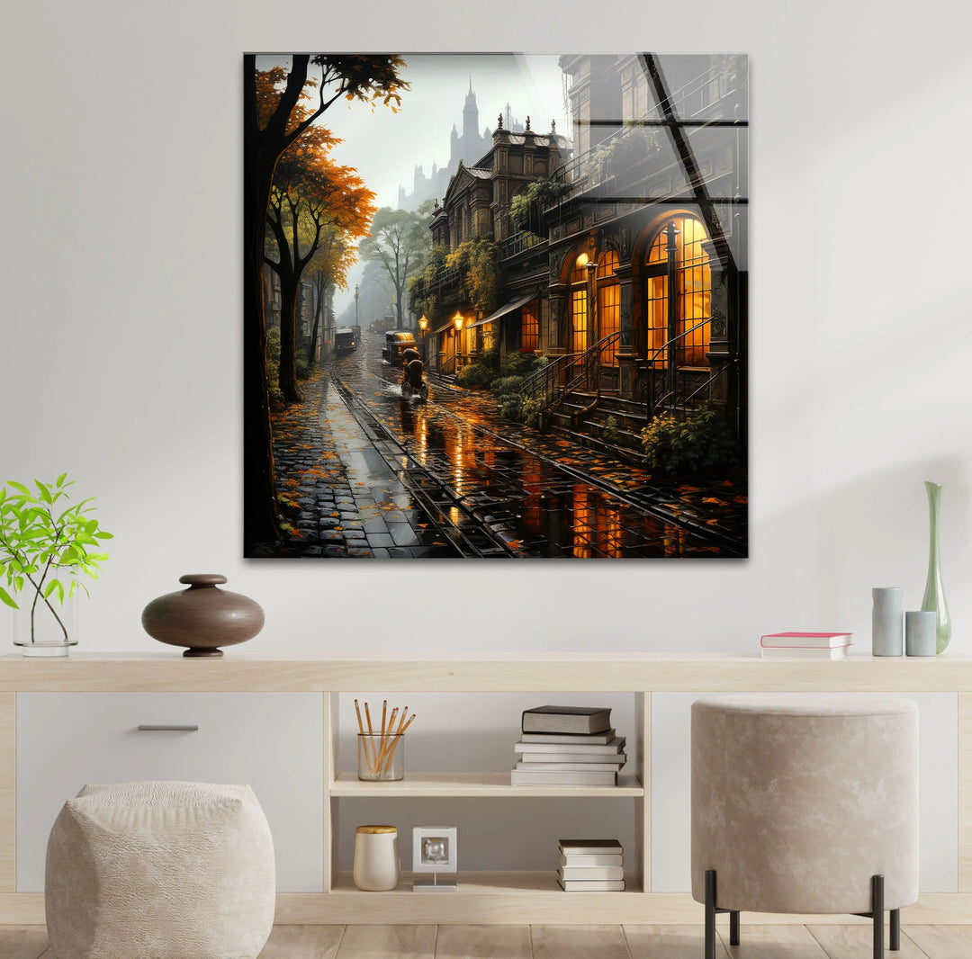 Rainy Vintage Street Wall Art – Warm Autumn Cityscape Glass Print - MyPhotoStation