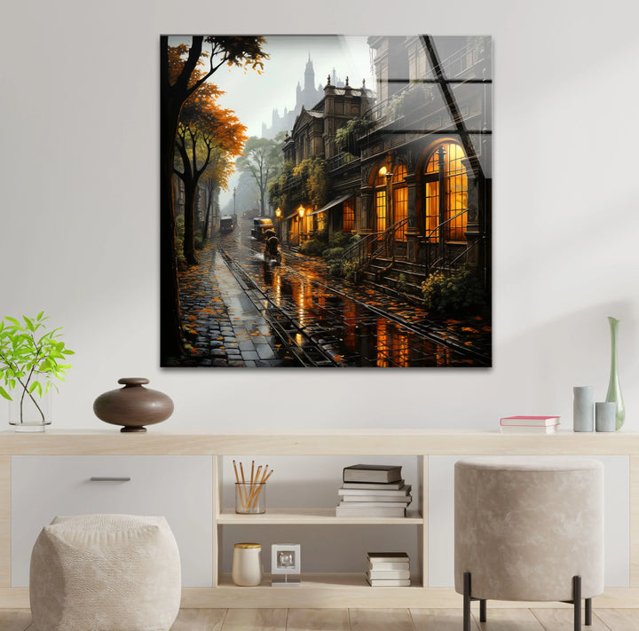 Rainy Vintage Street Wall Art – Warm Autumn Cityscape Glass Print - MyPhotoStation