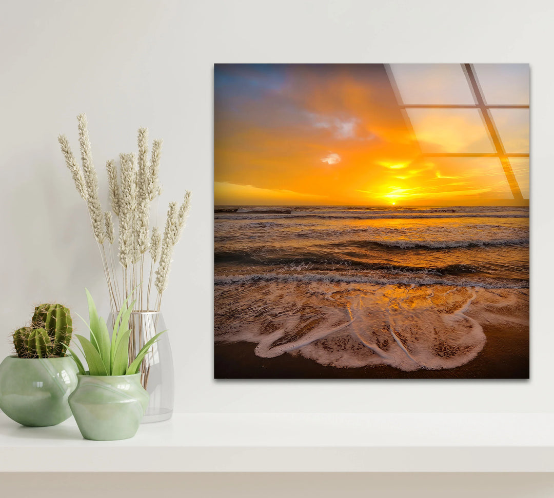 Golden Sunset Over Ocean Waves – Seashore Wall Art on Tempered Glass - MyPhotoStation
