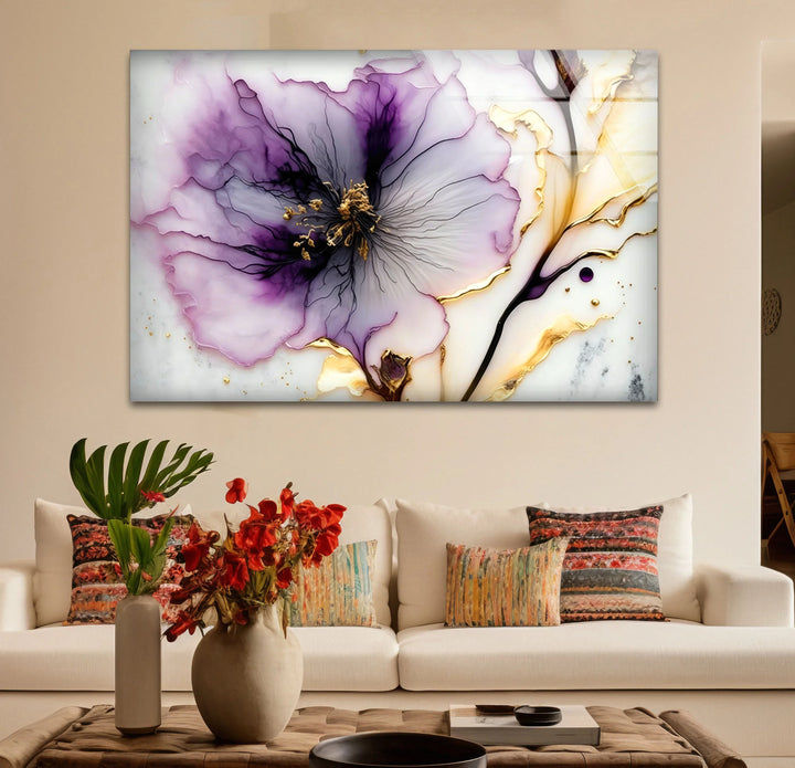 Purple and Gold Abstract Floral Wall Art – Luxury Glass Print for Elegant Interiors - MyPhotoStation
