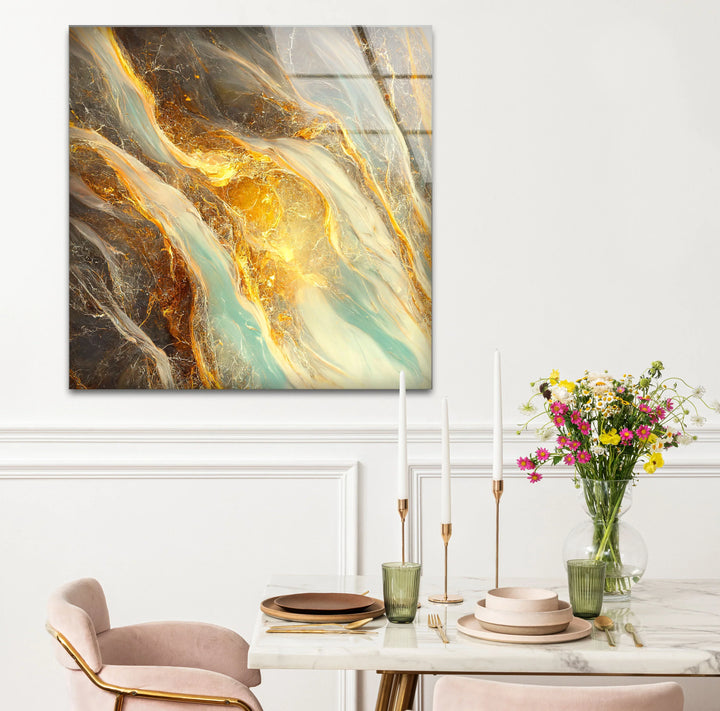 Gold Teal Marble Wall Art – Abstract Glass Print with Fiery Metallic Flow for Modern Elegant Interiors - MyPhotoStation