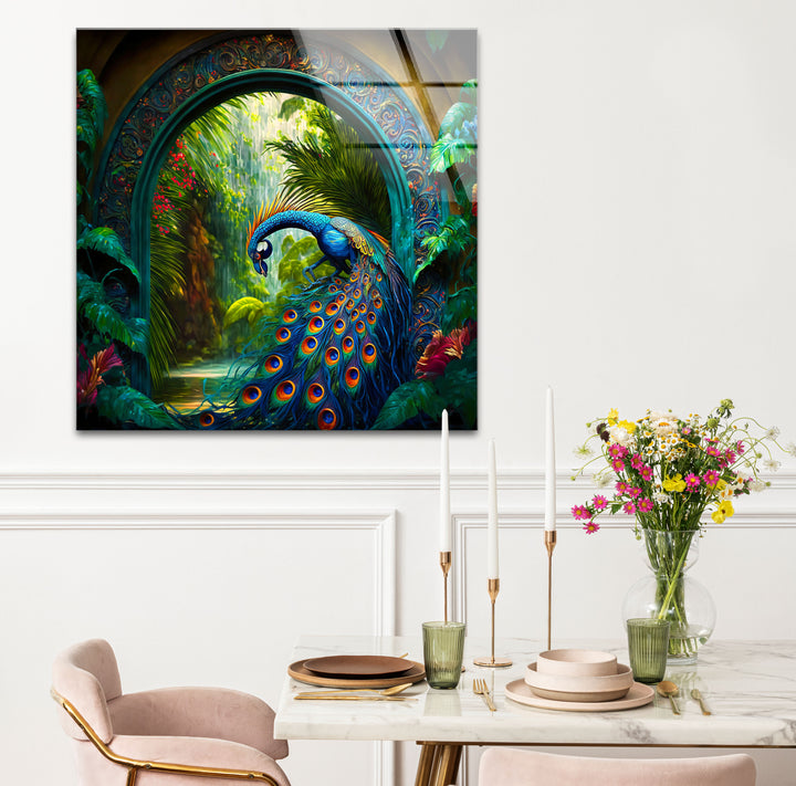 Majestic Peacock Garden Glass Wall Art – Elegant Nature-Inspired Decor