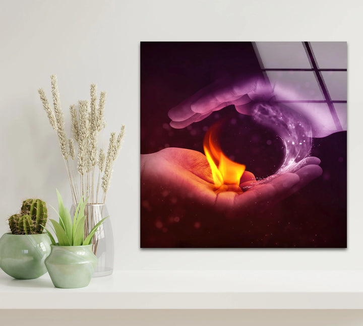 Fire and Water Yin Yang Wall Art – Duality Hands Glass Print for Modern Decor - MyPhotoStation
