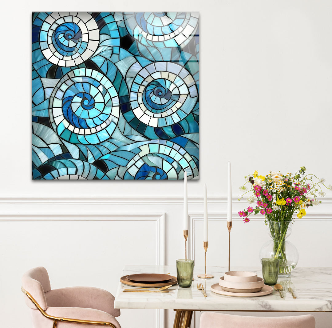 Nautical Spiral Stained Glass Wall Art – Blue Ocean Wave Design