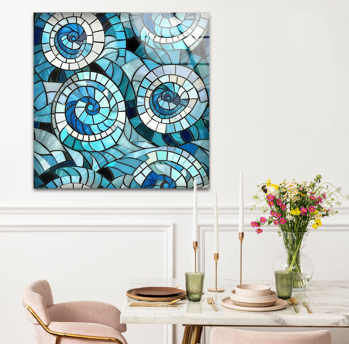 Nautical Spiral Stained Glass Wall Art – Blue Ocean Wave Design