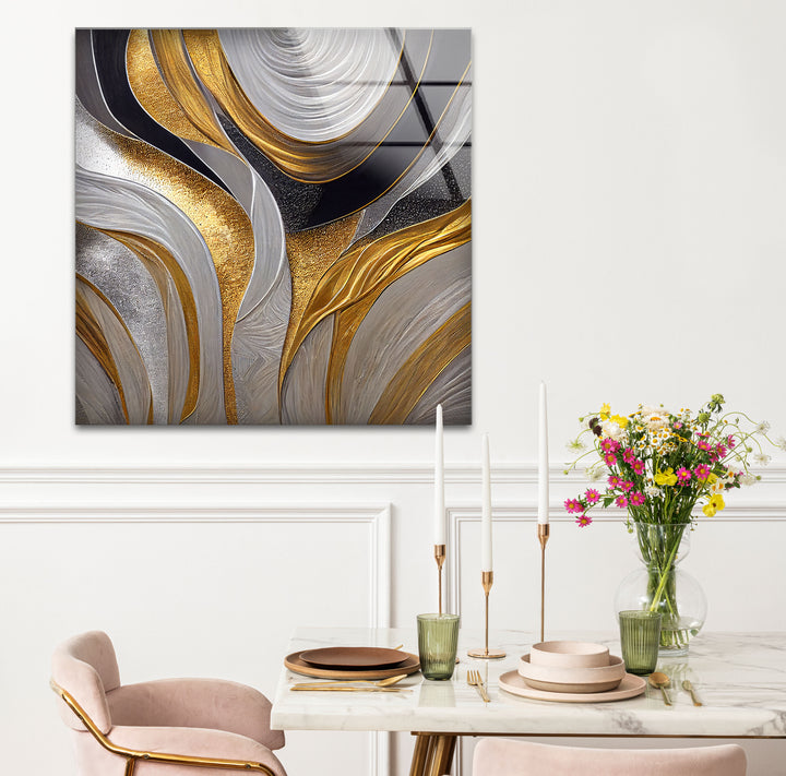 Silver Gold Wave Wall Art – Luxury Abstract Fluid Glass Print Décor
