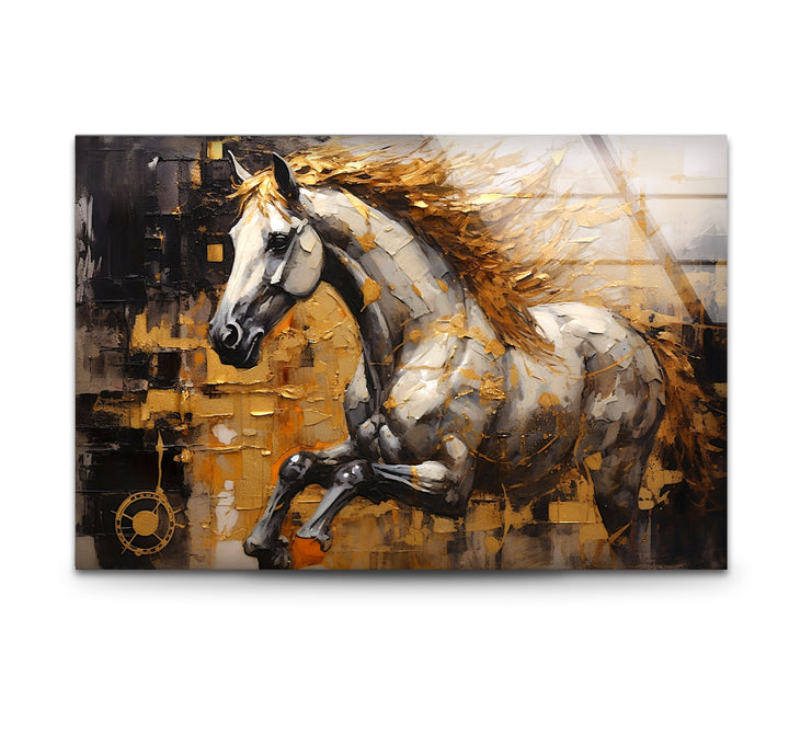 Golden Spirit Horse Wandkunst – Abstrakter Glasdruck mit rennendem Hengst