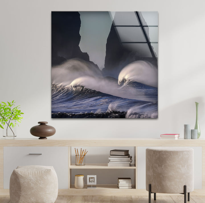 Stormy Ocean Waves Wall Art – Dramatic Coastal Glass Print with Dark Sea Cliffs for Modern Interiors