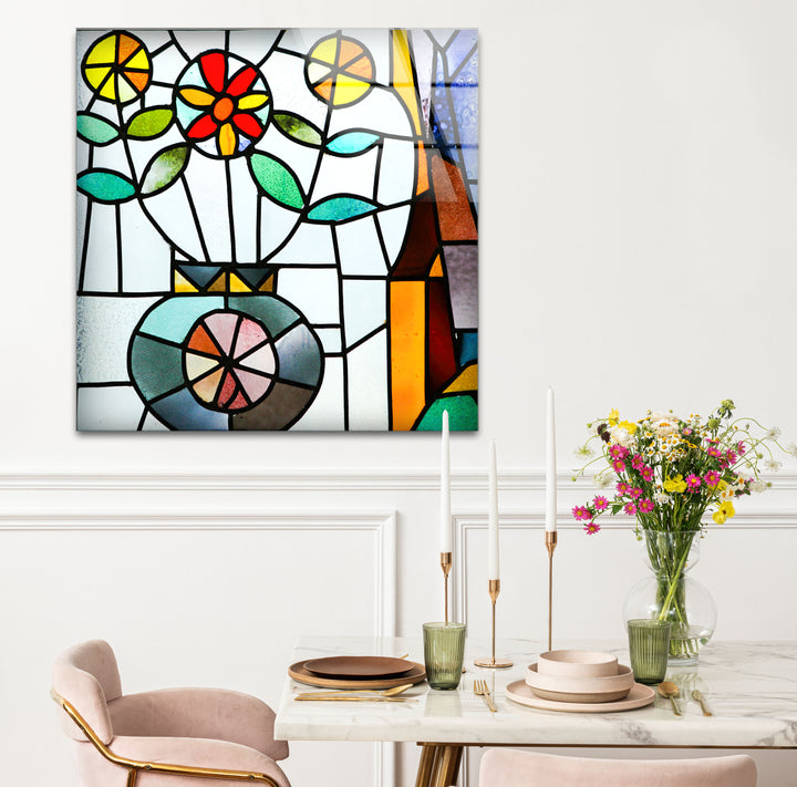 Floral Stained Glass Wall Art – Colorful Flower Vase Mosaic Panel